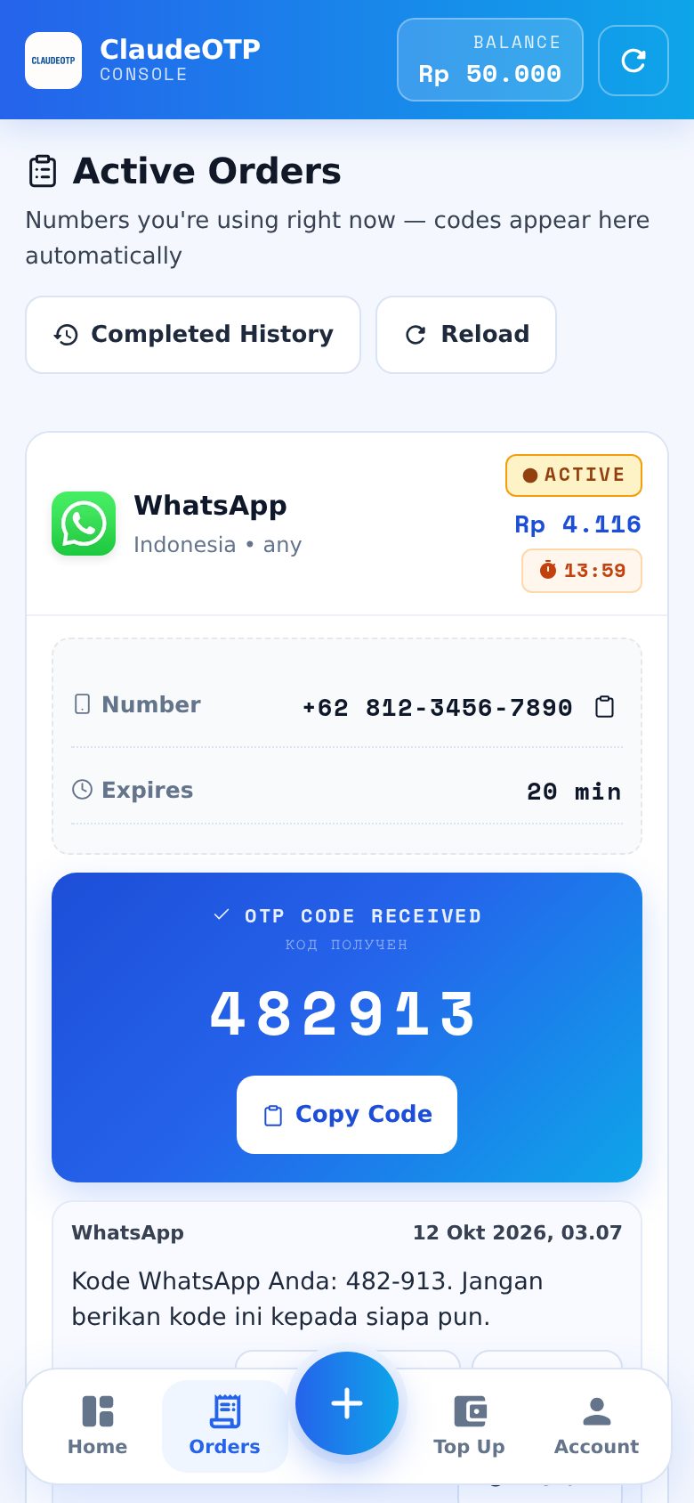 Contoh tampilan Active Orders di ClaudeOTP saat kode SMS masuk (nomor & kode contoh).
