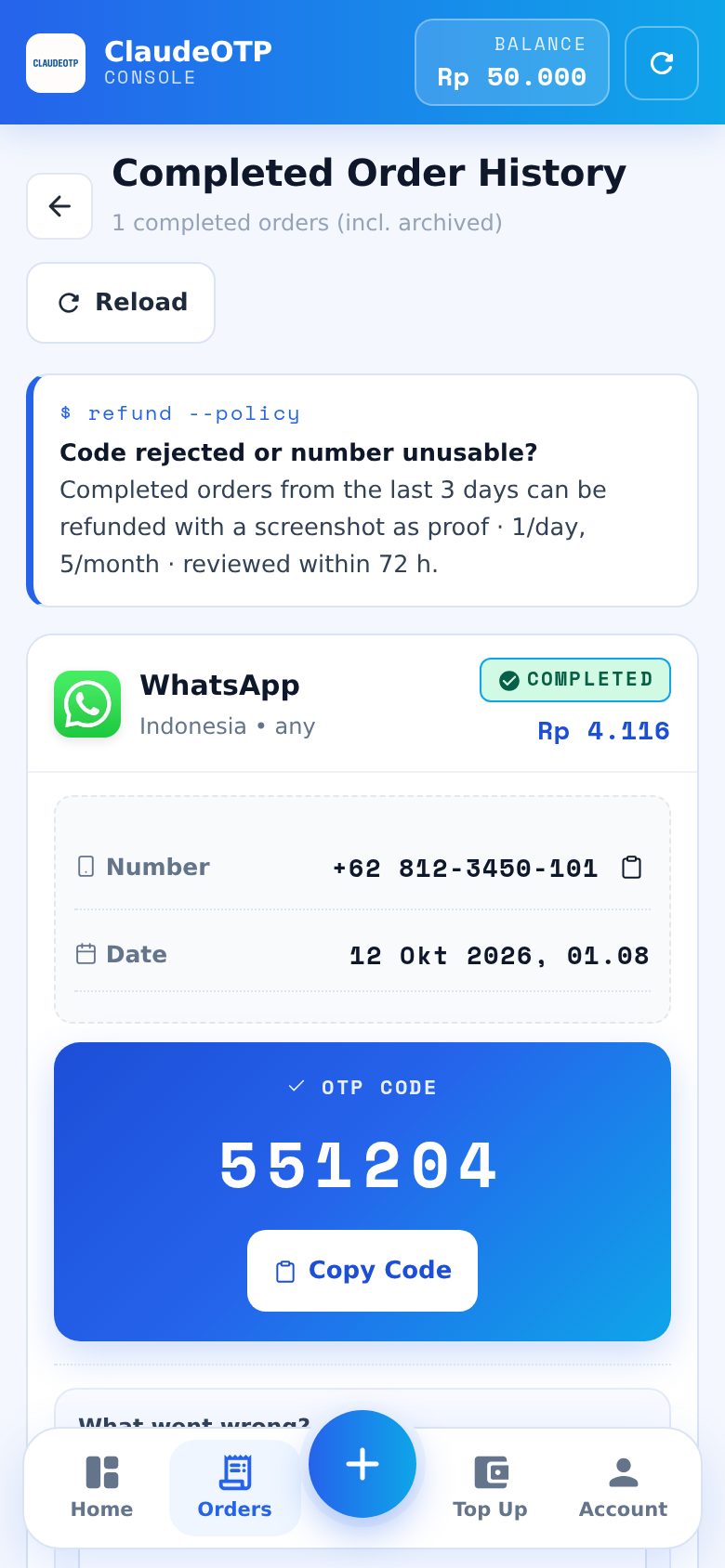 Menu Completed Orders di ClaudeOTP: tombol Report a problem untuk kode yang ditolak aplikasi.