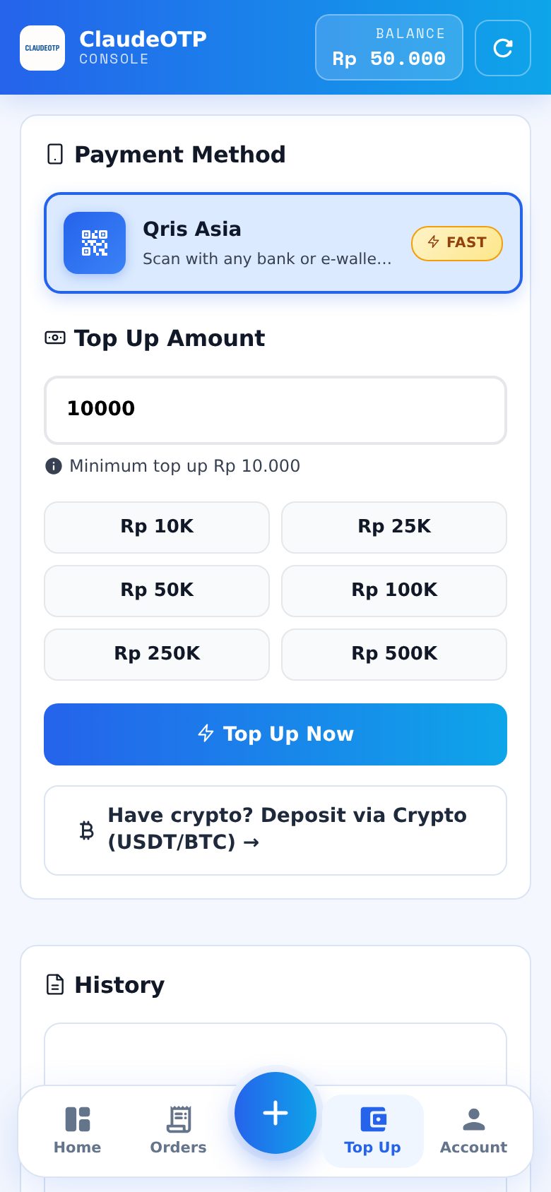 Halaman Top Up ClaudeOTP: QRIS atau kripto, minimal Rp 10.000.