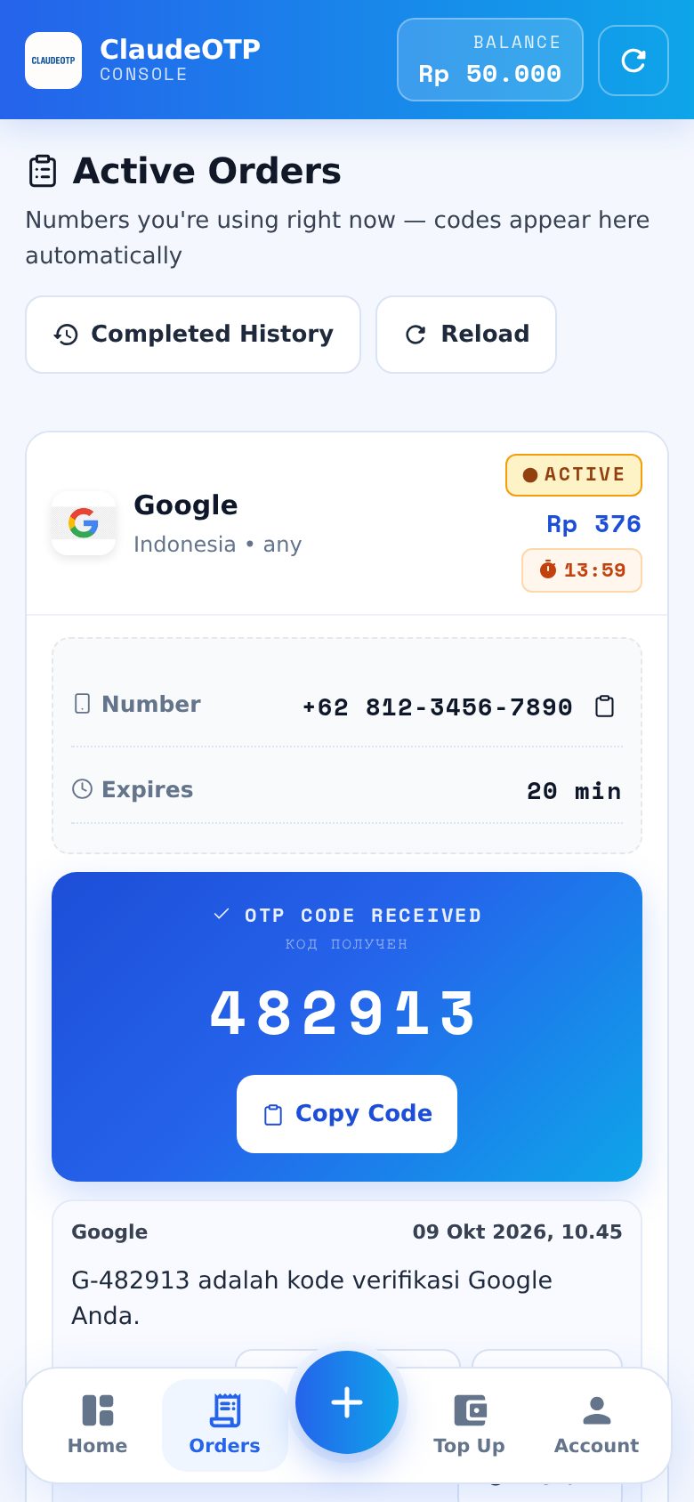 Masukkan nomor di halaman Google — tampilan dasbor ClaudeOTP