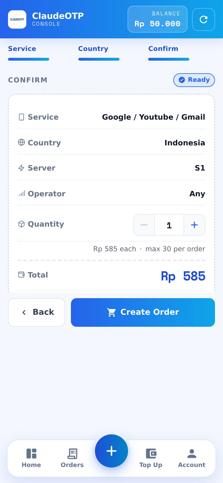 Langkah 3: ringkasan pesanan nomor Google sebelum menekan Create Order.