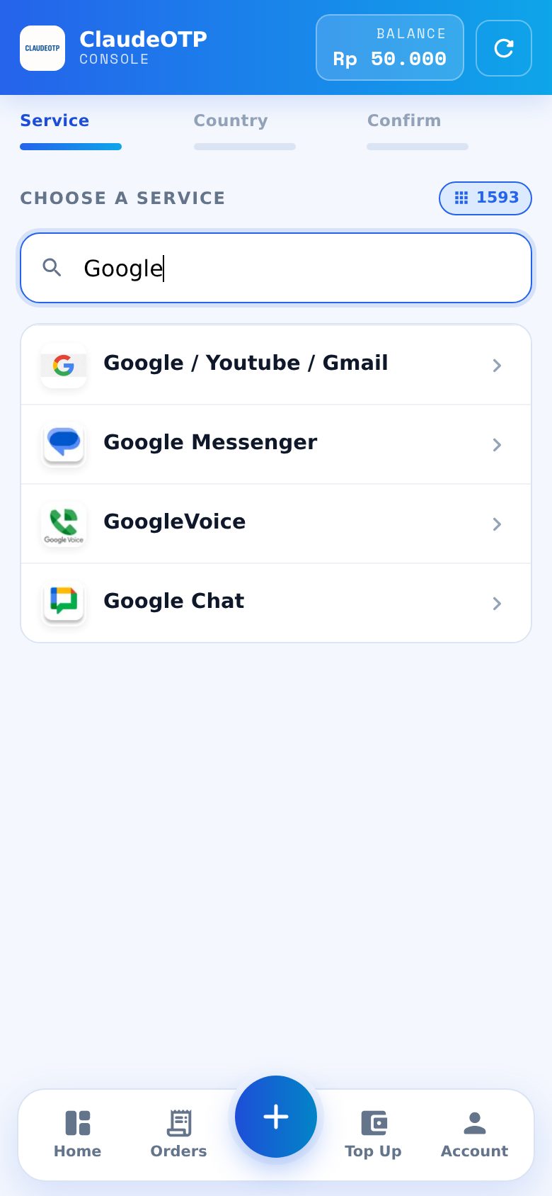 Cari Google di Create Order — tampilan dasbor ClaudeOTP