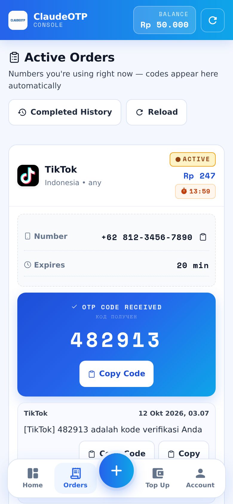 Contoh tampilan Active Orders di ClaudeOTP saat kode TikTok masuk (nomor & kode contoh).