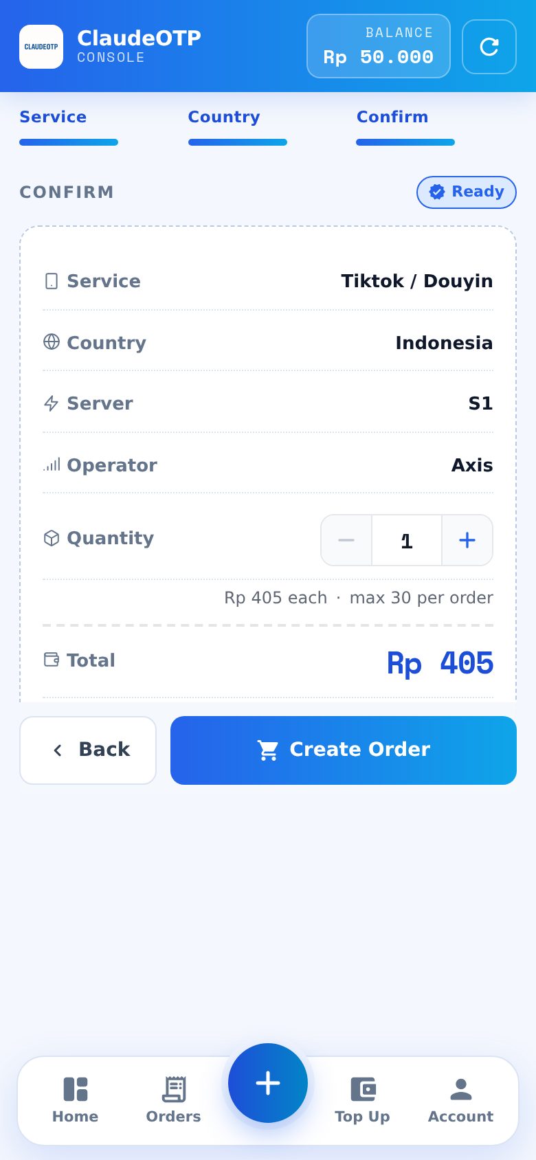 Langkah 3: ringkasan pesanan nomor TikTok sebelum menekan Create Order.