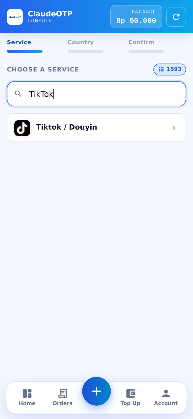 Langkah 1 di ClaudeOTP: cari TikTok di halaman Create Order.