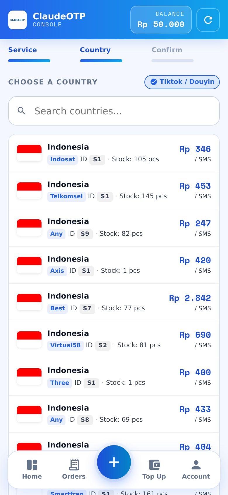 Langkah 2: daftar negara dan harga nomor TikTok di ClaudeOTP (harga mengikuti stok saat itu).