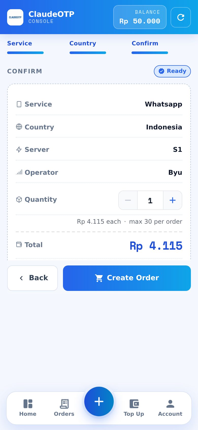 Langkah 3: ringkasan pesanan nomor WhatsApp sebelum menekan Create Order.