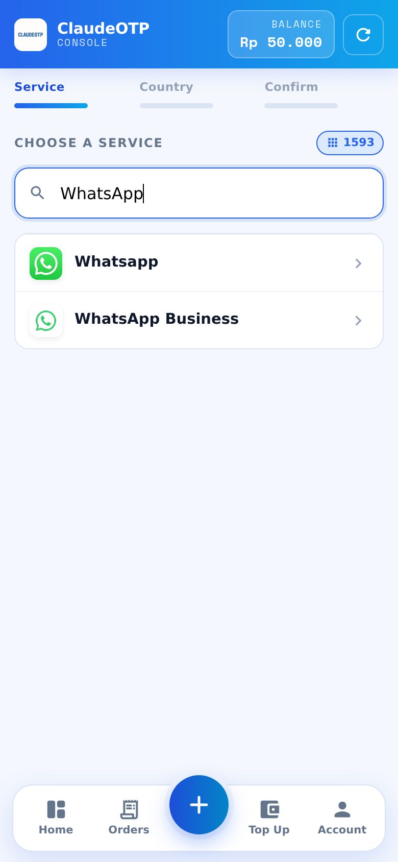 Langkah 1 di ClaudeOTP: cari WhatsApp di halaman Create Order.